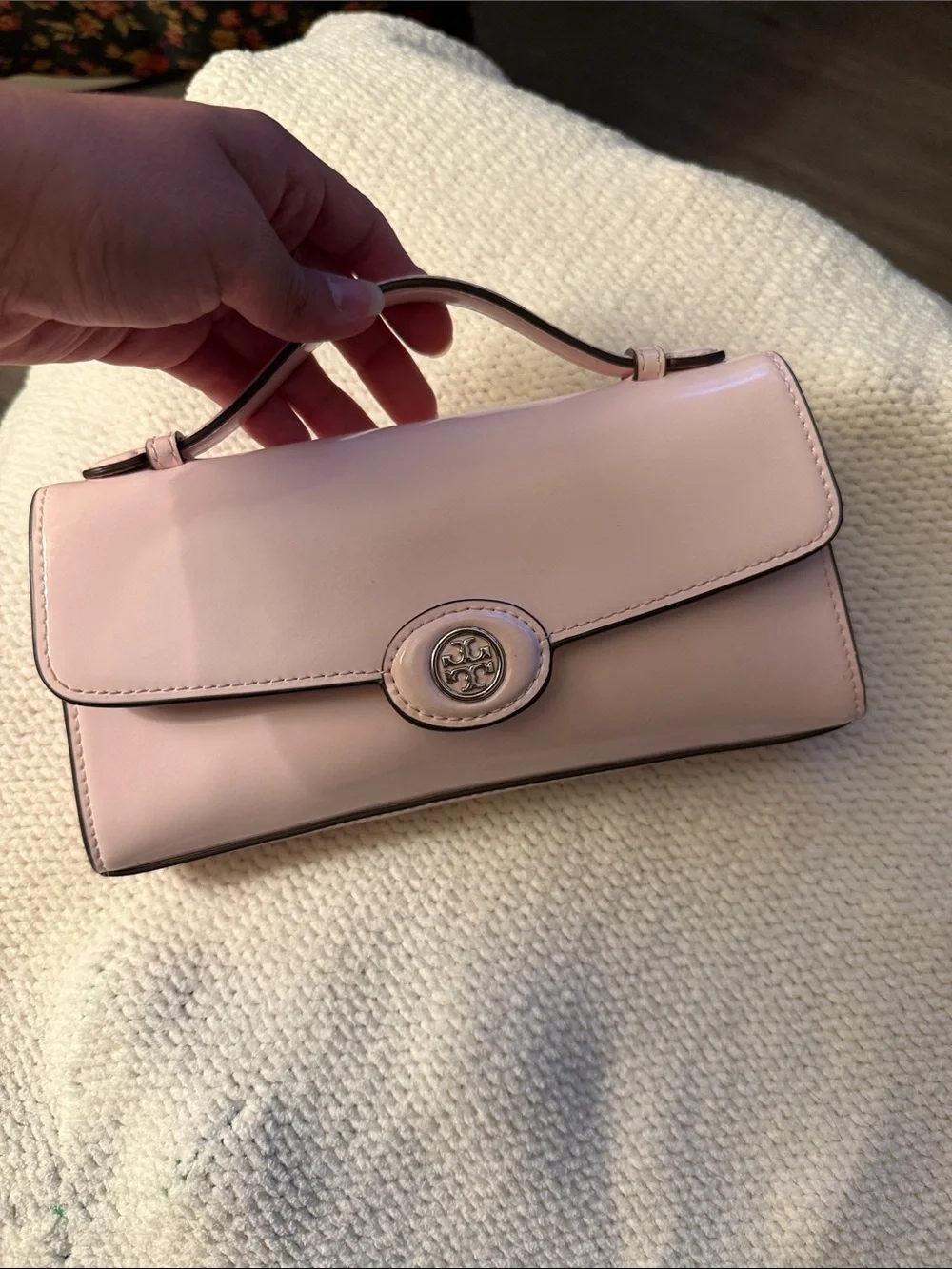 LIKE NEW TORY BURCH Mini Robinson Spazzolato Top Handle Crossbody, Pink Lily